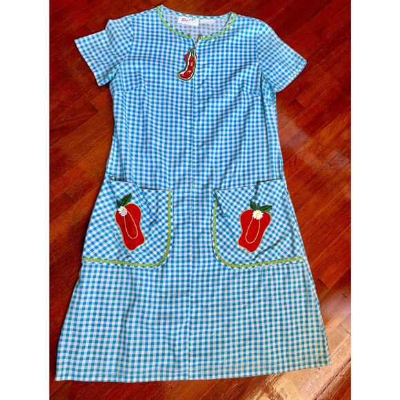 Vintage 70’s Blue White Gingham Chili Pepper House Coat Whimsy Dress Small Med - Picture 1 of 5
